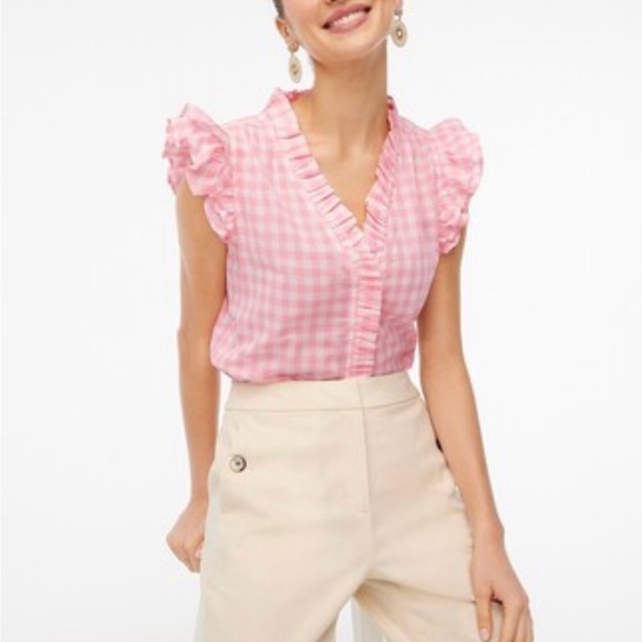 J.CREW Shirt Pink Gingham Flutter Sleeve Ruffle Button Up V Neck Top Blouse - Picture 1 of 3